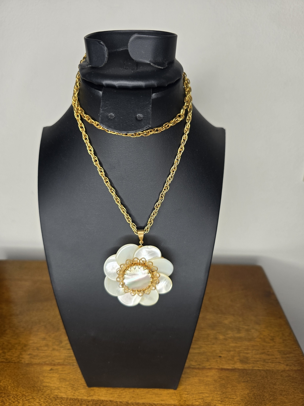 Gold-Tone Chain Necklace with White Mother-of-Pearl Flower Pendant